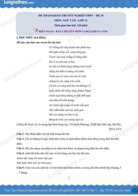Đề tham khảo thi Văn THPT (Đề số 10) - có lời giải chi tiết